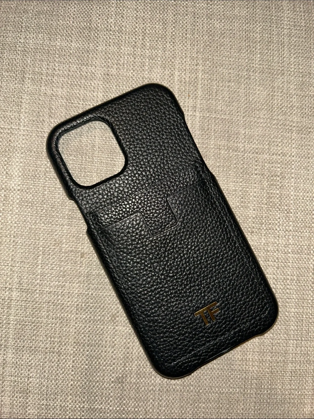 Tom Ford Black Pebbled Leather Card Pocket iPhone Case with Gold TF Logo